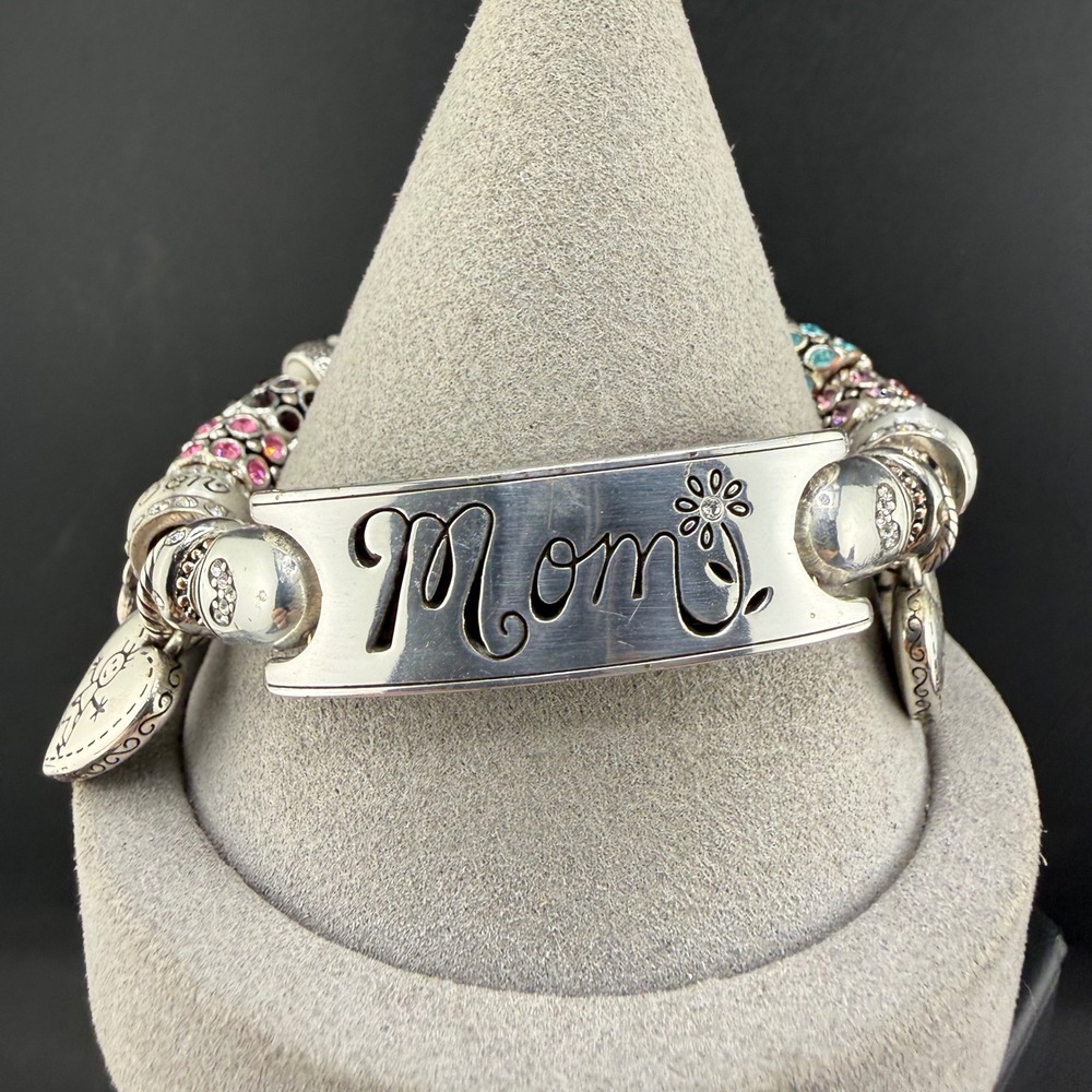 Brighton Charm Bracelet Silver Mom I Love My Family Hearts Crystals 7"